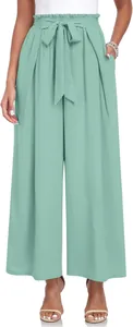 Pantalon large vert sauge à taille haute avec ceinture à nœud et détails plissés devant