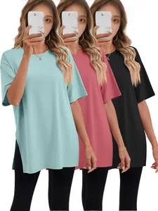 Women's loose side-slit round neck short sleeve T-shirt in multiple solid colors