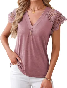 Detailed view of women's V-neck top with intricate lace sleeves and button trim