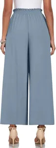 Vue arrière détaillée de ce pantalon large bleu pour femme avec taille haute élastiquée