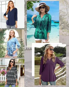 Collage of women's 3/4 sleeve V-neck tunic tops in various colors and floral prints