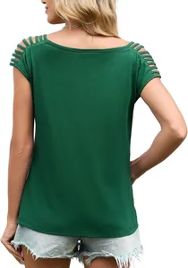 Back view of green short sleeve knitted top with hollow-out shoulder detail