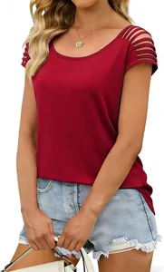 Close-up of red short-sleeve knit top with stylish hollow-out shoulder details.