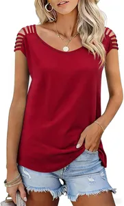 Detailed close-up view of red women's short sleeve knit top with hollow strappy shoulder detail