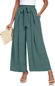 Pantalon plissé à jambes larges pour femmes avec ceinture nouée assortie à la taille