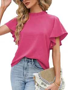 Elegant fuchsia pink pleated short sleeve blouse with ruffled stand collar for women