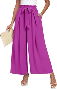 Pantalon large élégant à taille haute pour femme avec ceinture à nœud et plis violets