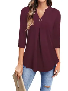 Women V Neck Blouse Polyester Casual Pleated Tunic Top Portrait Printed Top Metal Ring Decoration Office Wear