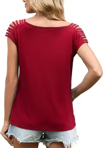 Detailed back view of a red short-sleeved knit top with hollow-out lattice shoulder design