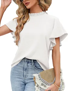 Elegant white ruffled short sleeve blouse with frill stand collar for women's summer work wear