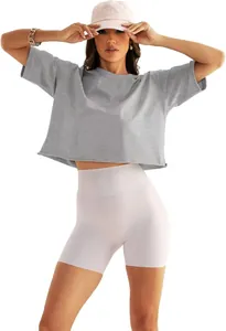 Lockeres graues Damen Cropped-Sport-T-Shirt für Outdoor-Yoga und Fitness im Fitnessstudio