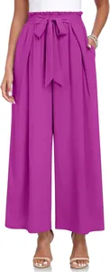 Pantalon large élégant violet pour femme avec taille haute et ceinture à nœud papillon