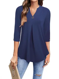 Women's casual 3/4 sleeve V-neck tunic blouse in navy blue color
