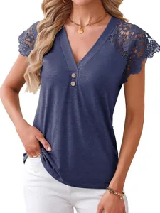 Casual navy blue V-neck top featuring elegant lace shoulder details and button accents