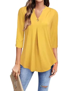 Casual yellow V-neck tunic blouse with three-quarter sleeves and pleated front detail
