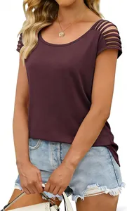 Detailed view of women's plum short sleeve knit top with cutout shoulder design