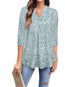 Elegant women's casual 3/4 sleeve floral print V-neck blouse with decorative metal ring