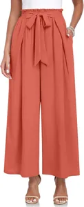 Pantalon large taille haute pour femme avec ceinture à nœud et taille paperbag plissée