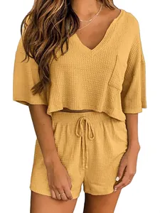 Tuta da Casa da Donna Casual in Maglia a Nido d'Ape Top e Pantaloni Scollo a V Manica Corta e Pantaloncini con Coulisse