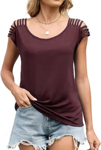 Close-up of burgundy summer knit top featuring trendy shoulder hollow-out strap design