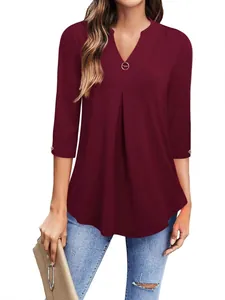 Women's elegant burgundy V-neck blouse with 3/4 sleeves and metallic ring detail