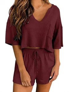 Completo da casa 2 pezzi in maglia a nido d'ape con top a scollo a V e pantaloncini