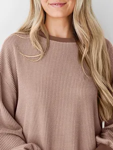 Dames Casual Geribbeld T-shirt Met Lange Mouwen Losse Pasvorm Pullover Sweatshirt Ronde Hals Effen Kleur Polyester Top Herfst Winter Comfort Kleding