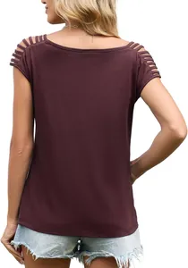 Back view of women's burgundy short sleeve knitted top with hollow-out shoulder design.
