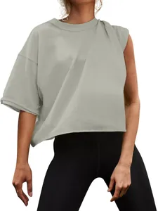 Γυναικείο Βαμβακερό T-Shirt Χαλαρή Εφαρμογή Στρογγυλή Λαιμόκοψη Κοντό Μανίκι Ασύμμετρο Σχέδιο Αθλητικό Top Yoga Fitness