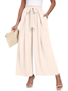 Pantalon Décontracté à Taille Haute et Jambes Larges pour Femmes Avec Ceinture à Nouer Plissé Large en Polyester pour Été Printemps Couleur Unie