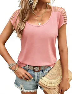 Detail showing hollowed-out shoulder design of pink summer knit top