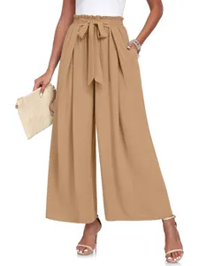 Pantalon large élégant à taille haute avec ceinture à nœud en kaki pour femmes