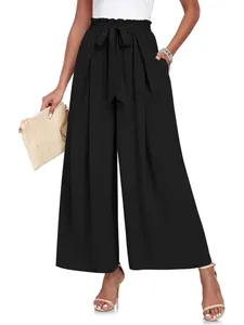 Pantalon élégant à jambes larges avec taille haute et ceinture à nœud pour femmes