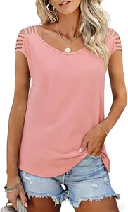 Detailed view of pink short sleeve knitted top with unique hollow-out shoulder design