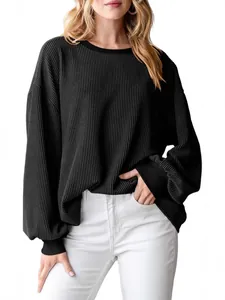 Modieuze zwarte geribbelde sweatshirt met lange mouwen, losse pasvorm en ronde hals voor dames
