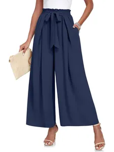 Pantalon large bleu marine à taille haute élégant pour femme avec ceinture à nœud