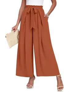 Pantalon large décontracté pour femme à taille haute avec ceinture à nœud et taille élastique