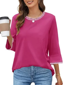 Detailed view of the magenta knit top featuring striped ribbed crewneck and 3/4 sleeves.