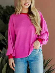 Casual dames sweatshirt met lange mouwen en ribstructuur in levendig roze en rood