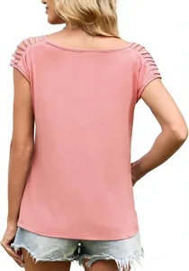 Back view of women's pink short sleeve top featuring unique ladder cutout shoulder details