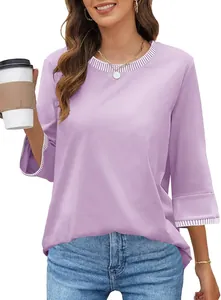 Detail view of purple knitted top with striped ribbed crew neck and sleeve cuffs