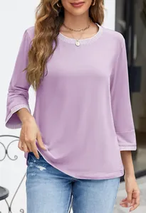 Elegant purple knit top with striped contrast ribbed crewneck and cuffs for women