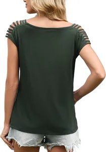 Back view of a dark green short-sleeved knit top with unique hollow-out shoulder details