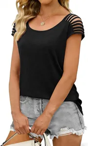 Fashionable black short sleeve knitted top featuring chic hollow-out shoulder details