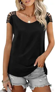 Detail of black knit top featuring stylish hollow-out ladder shoulder straps for women