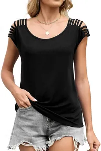 Women's black hollow-out shoulder knit top for summer, detailed front view style