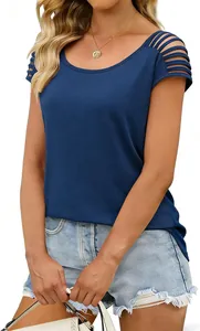 Detail view of the hollow-out shoulder design on this navy blue short-sleeved top