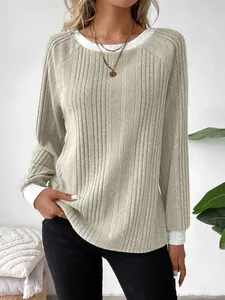 Casual damesshirt met lange mouwen, ronde hals, ribtextuur en raglanmouwen chic