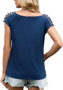 Detail of navy blue knit top featuring lattice hollowed-out shoulder design for women.