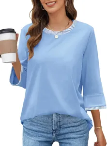 Casual light blue knit top featuring striped rib crew neck and three-quarter sleeves